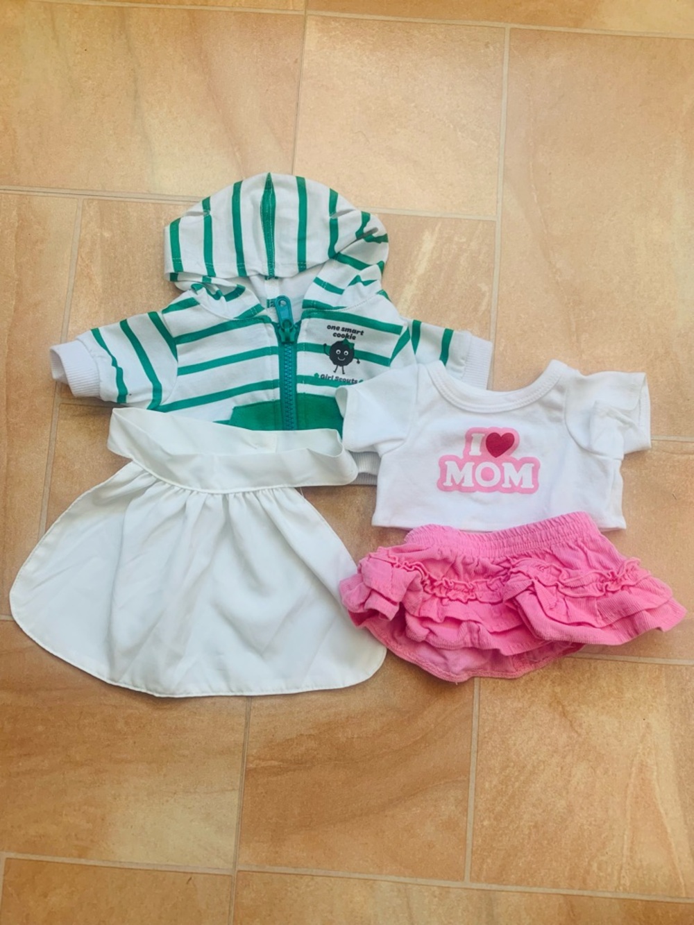 Build-A-Bear White Striped Jacket, Graphic Shirt & Pink Ruffle Skirt Outfit